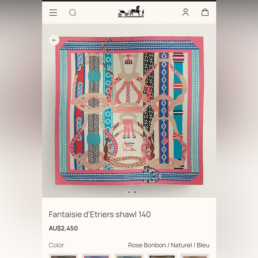 Hermes Fantaisie d'Etriers Shawl in Pink, Natural, and Blue 140 cashmere  silk